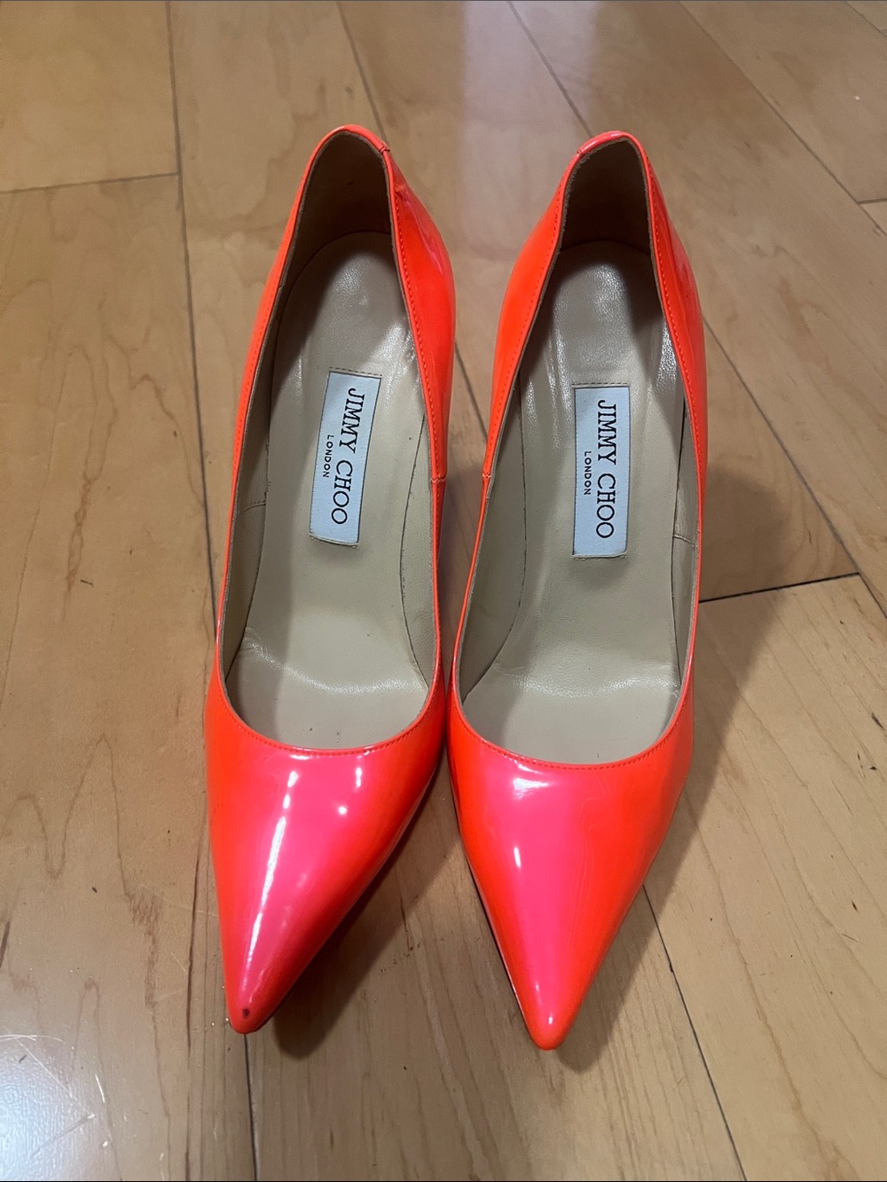 Jimmy Choo Neon Orange Patent Pointed-Toe Pumps